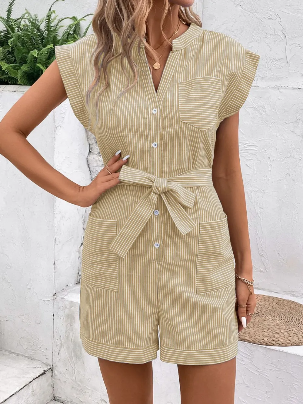 Notched Tie Waist Romper