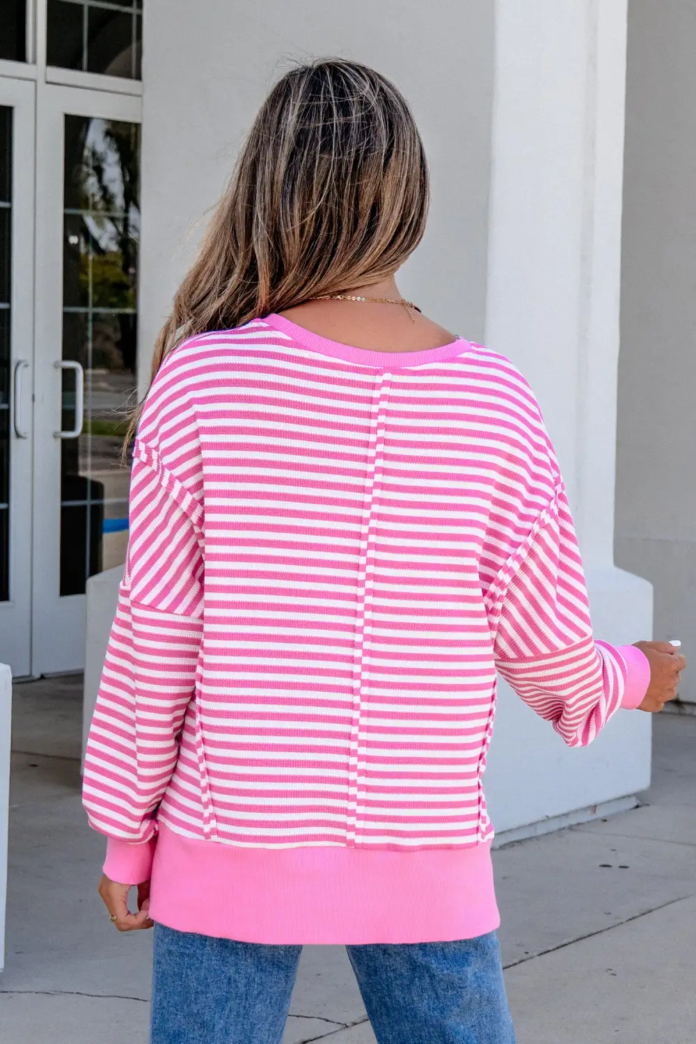 Striped Split Hem Stretch Fabric Long Sleeve Top