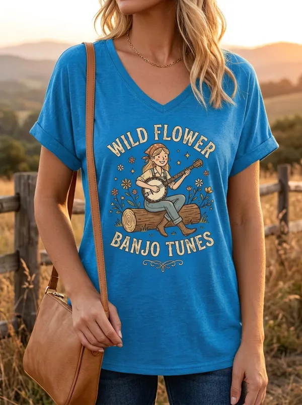 Floral Banjo Campfire Women's V-Neck T-Shirt