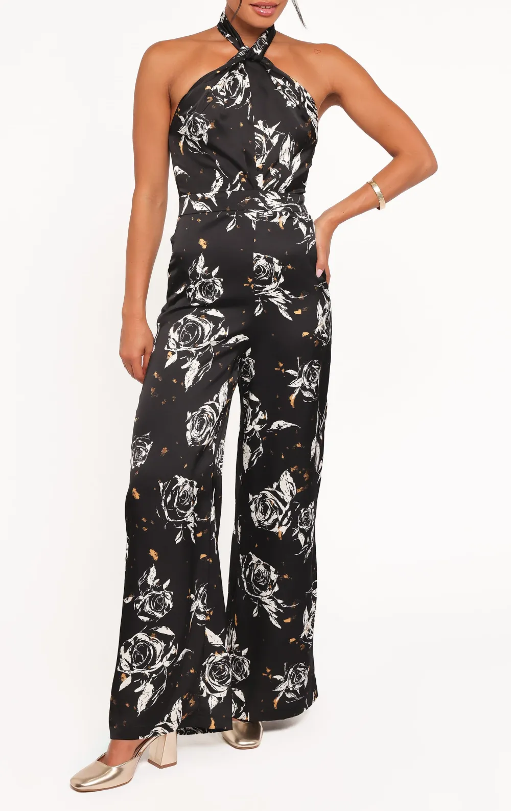 Halter Open-Back Wide-Leg Sleeveless Floral Jumpsuit