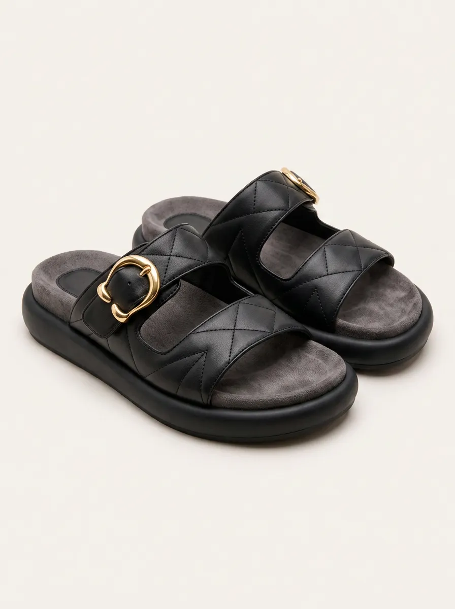 Women's Fashion Quilted Black Gold Buckle Printed Sandals