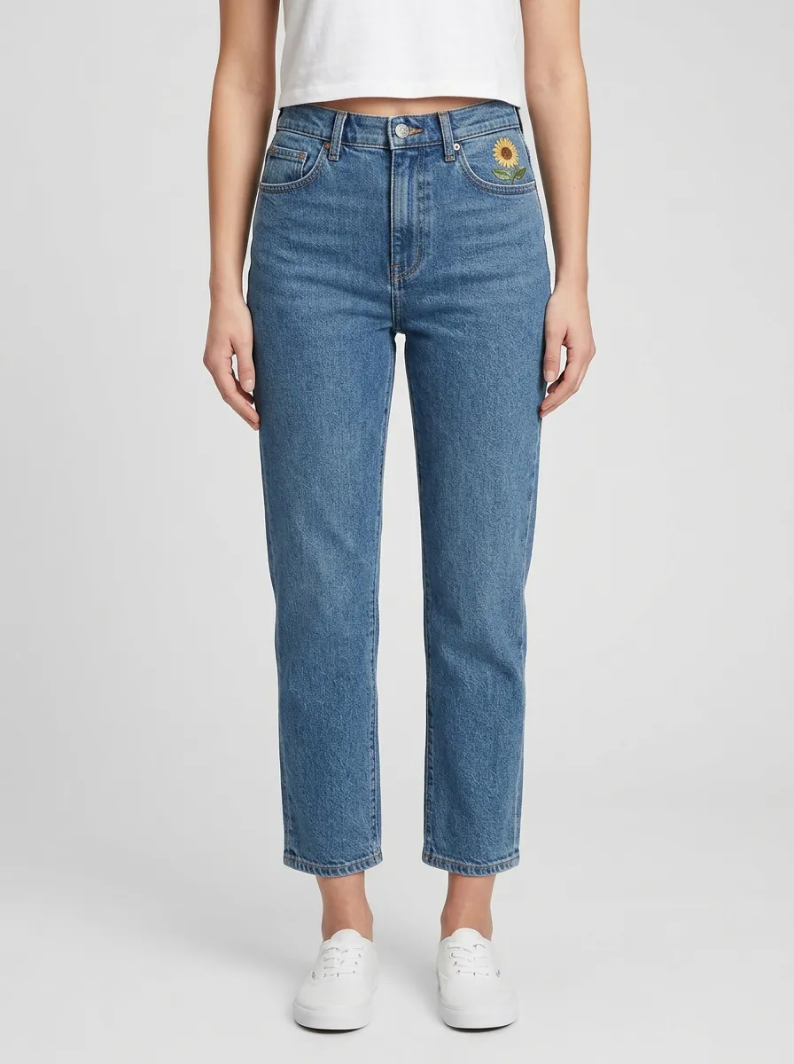 Women's Sunflower Embroidered Front-Pocket Clean-Hem High-Rise Straight-Leg Jeans