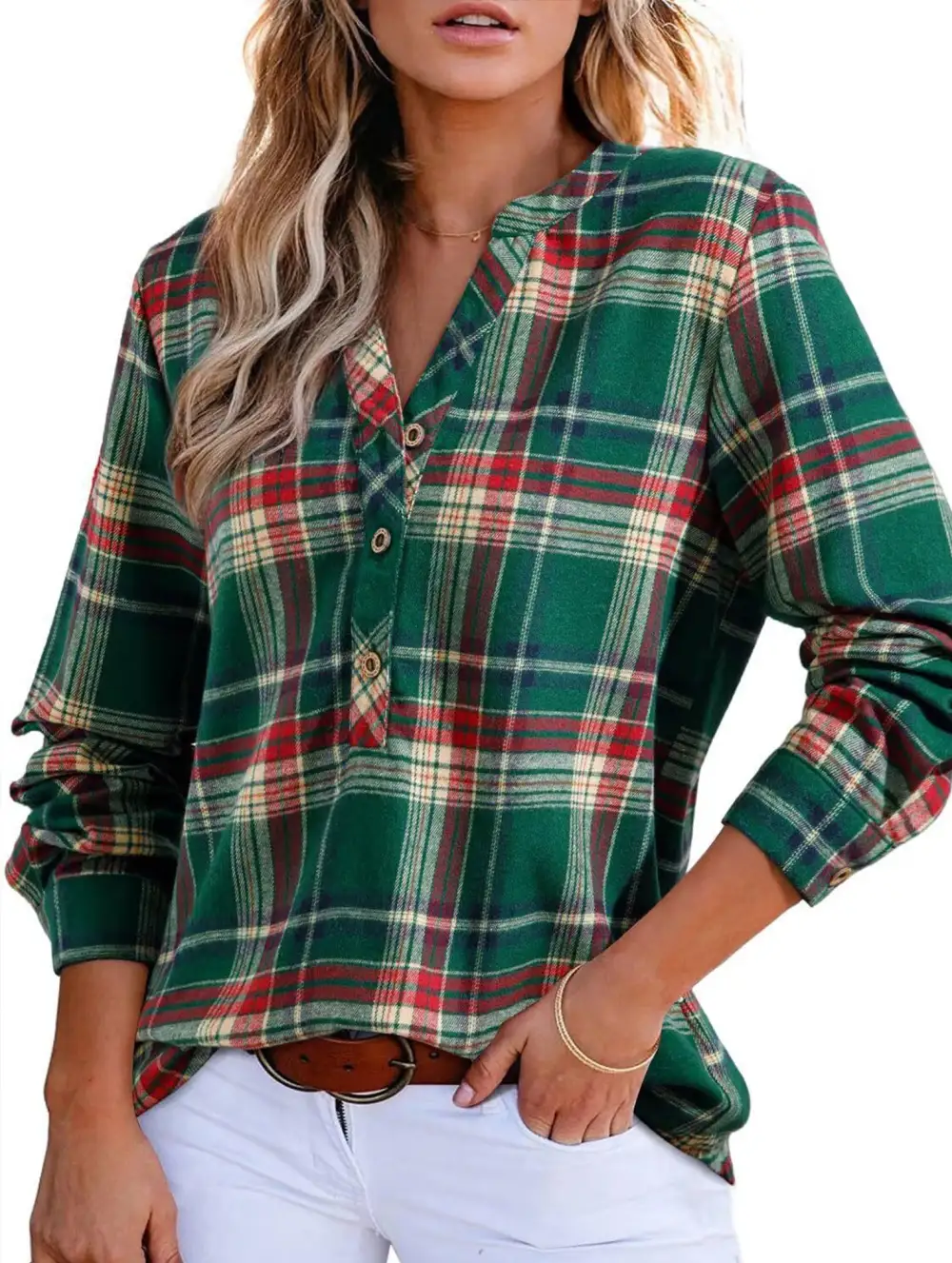 V Neck Plaid Button Shirt