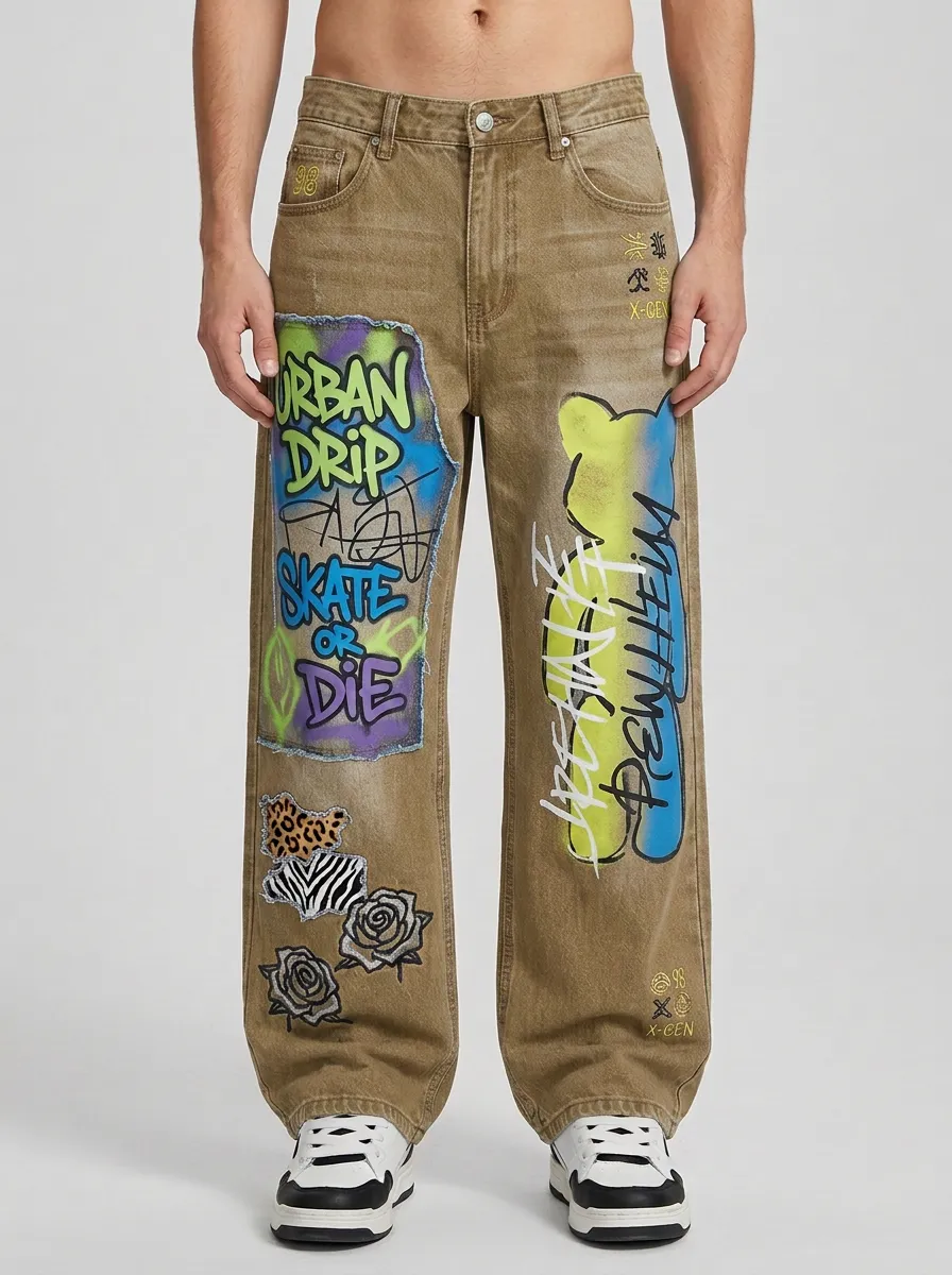 Men's Streetwear Urban Drip Graffiti Printed Wide Leg Jeans