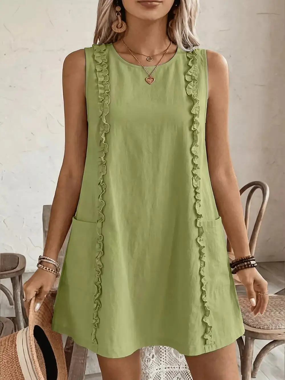 Round Neck Ruffle Sleeveless Dress Casual