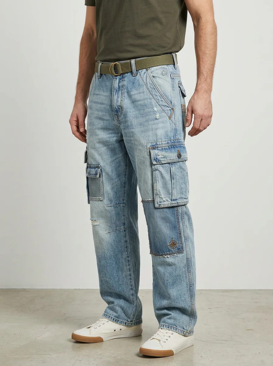 Men's Distressed Patchwork Denim Cargo Jeans