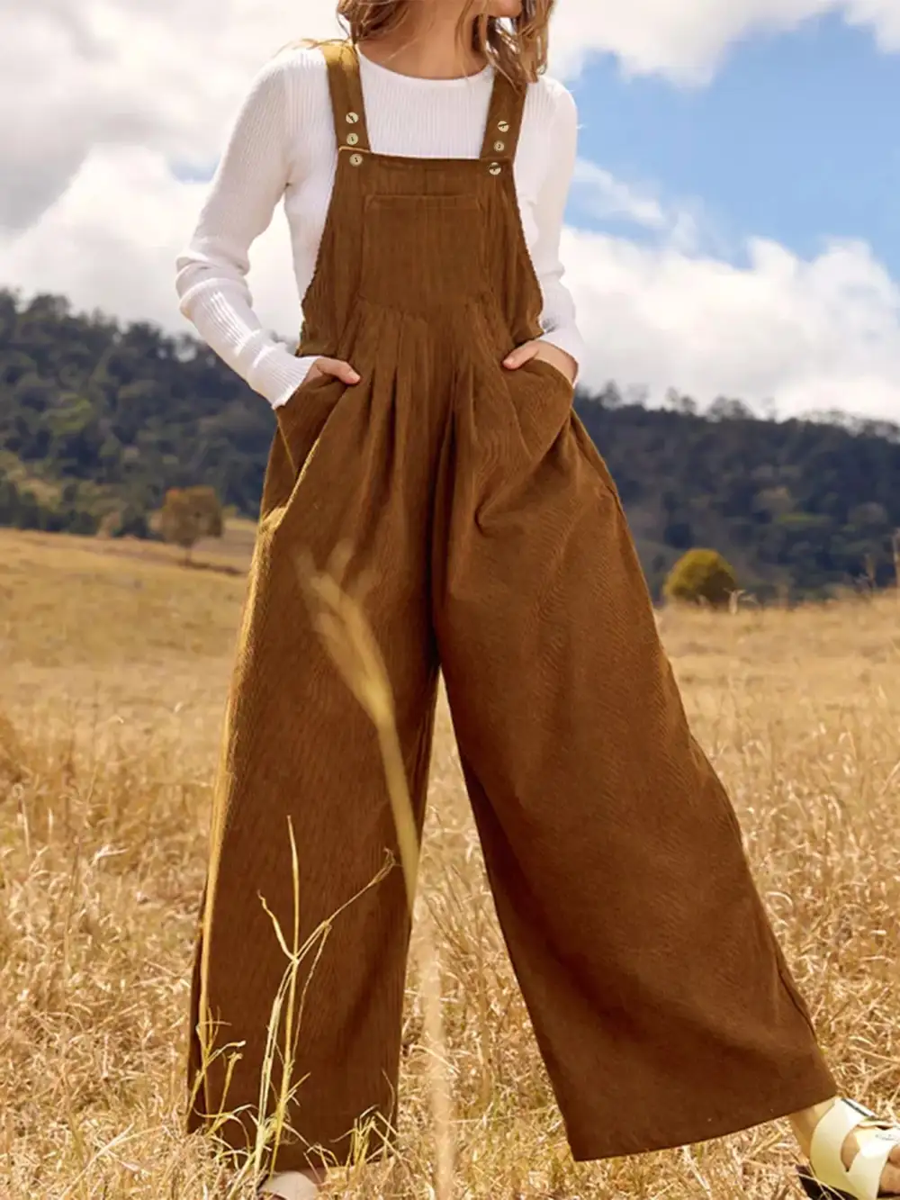 Front Ruched Wide Leg Pockets Jumpsuit