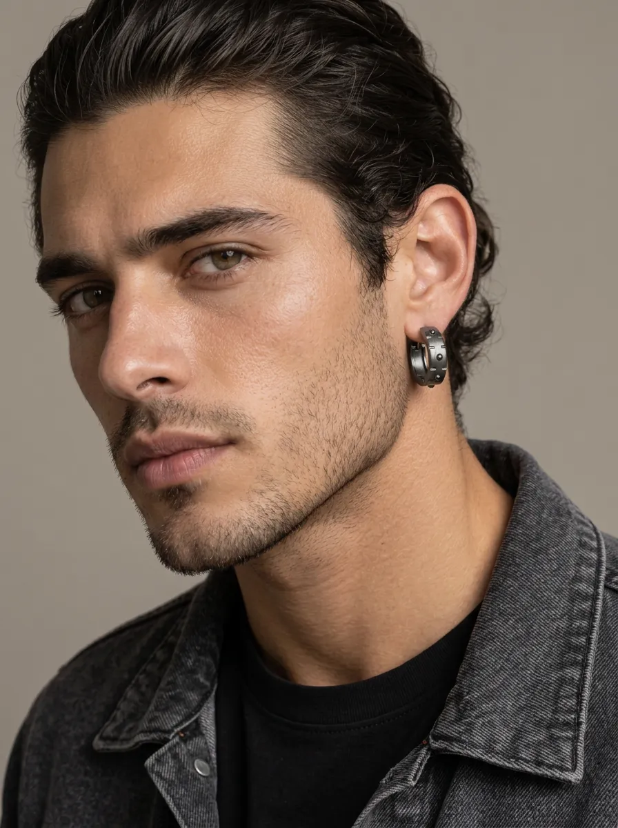 Men's Faceted Punk Studded Hoop Earrings
