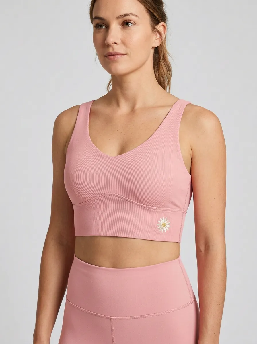 Women's Daisy-Embroidered V-Neck Underbust-Seam Sports Bra