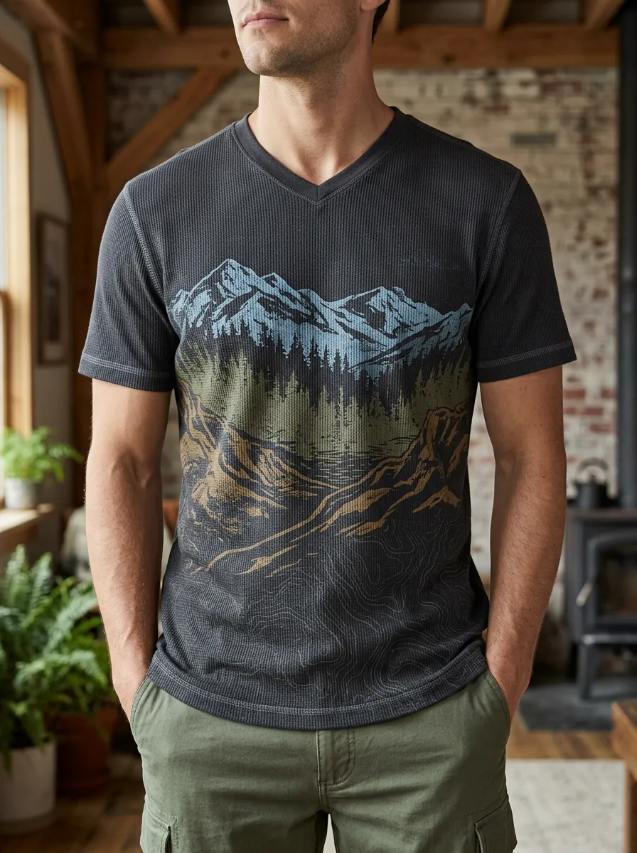 Men's Outdoor Nature Lover Mountain Forest Scenic V-Neck T-Shirt
