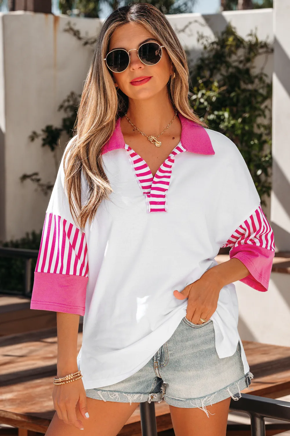 White Striped Block Patchwork Polo Tee