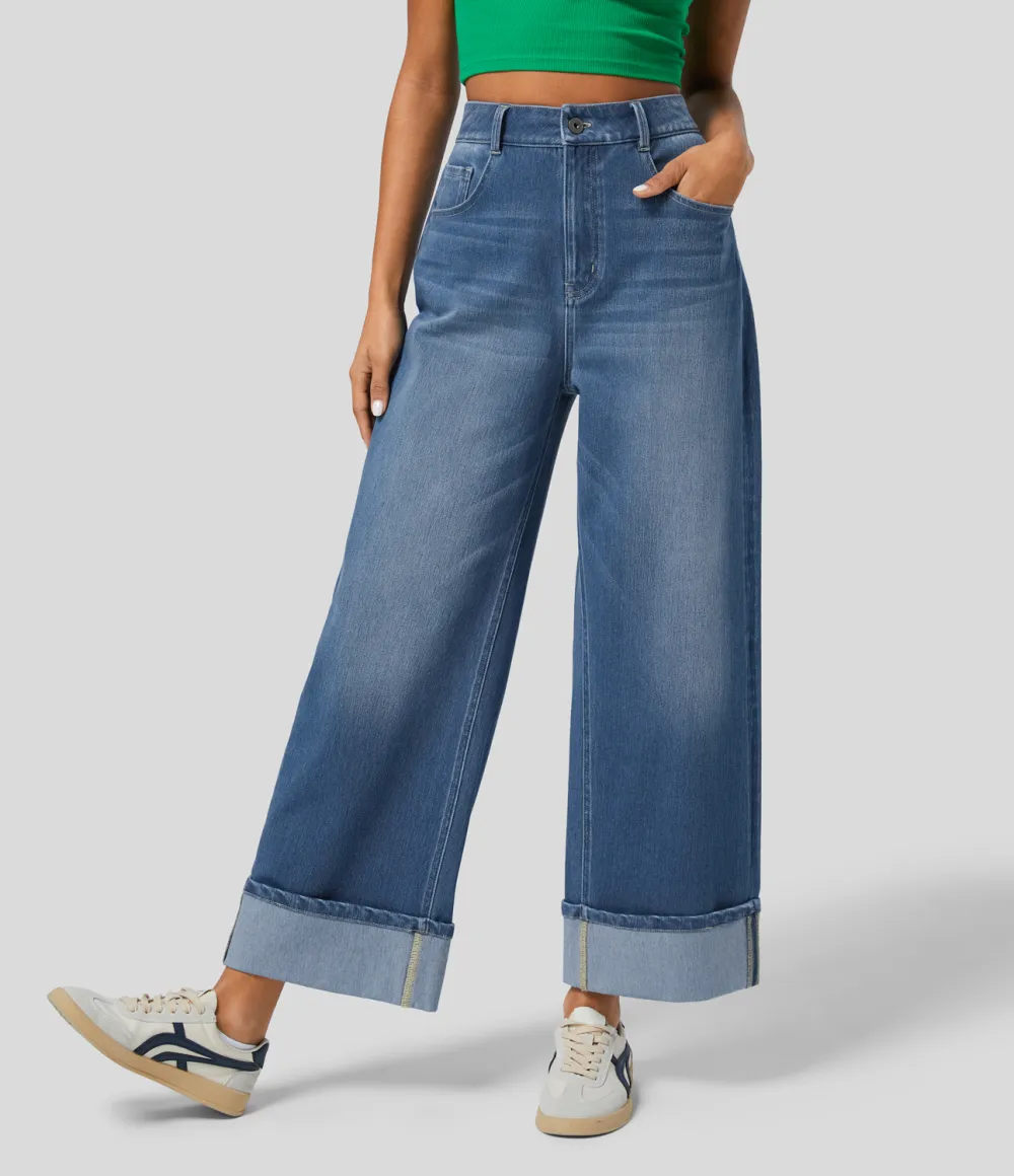 Magic High Waisted Multiple Pockets Rolled Hem Wide Leg Washed Stretchy Knit Casual Jeans