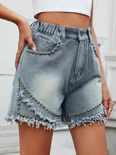 Raw Hem Studded Shorts Denim Pants