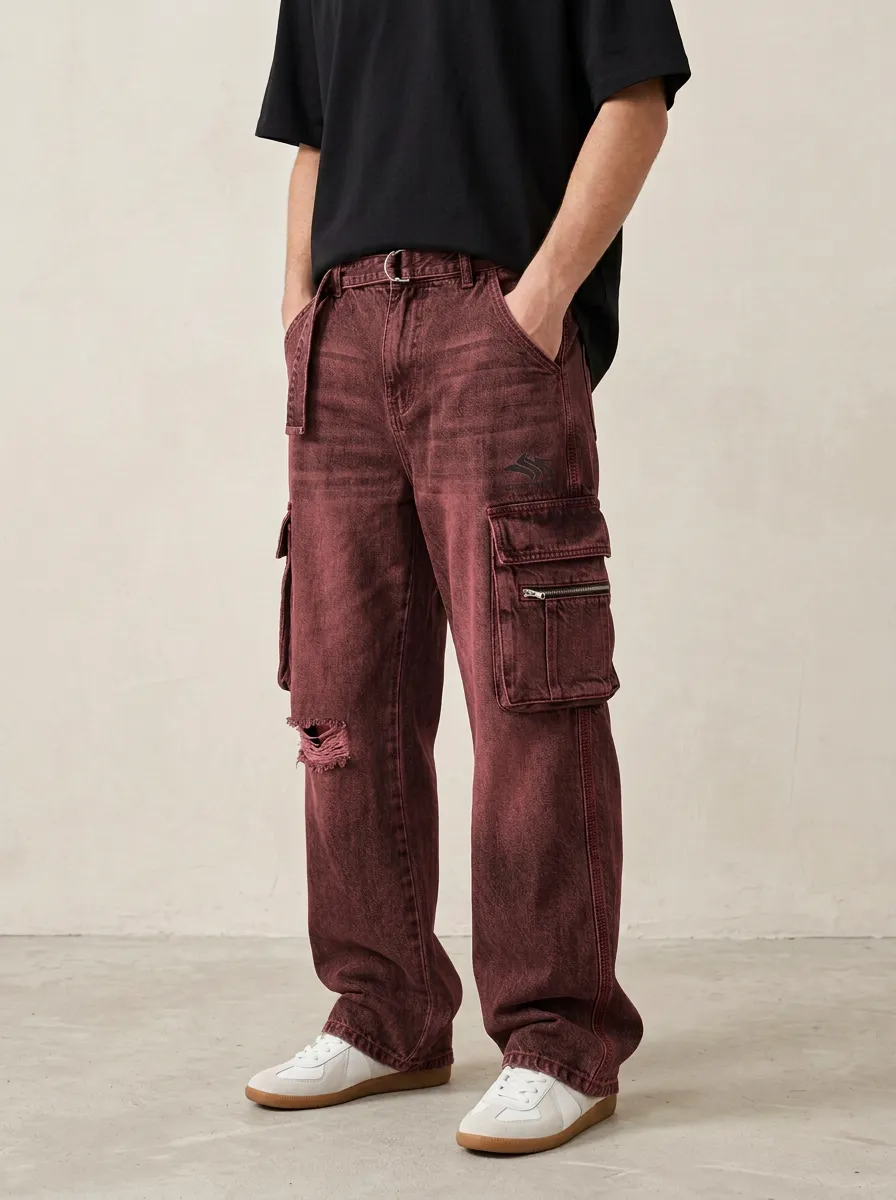 Men's Streetwear A5 Logo Distressed Washed Denim Cargo Jeans
