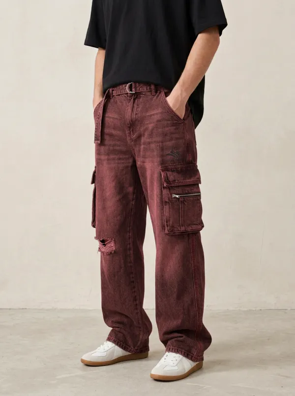 Men's Streetwear A5 Logo Distressed Washed Denim Cargo Jeans