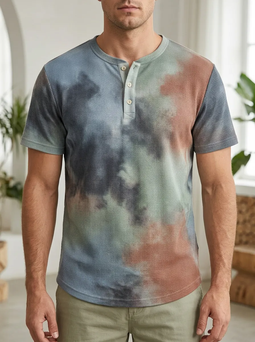 Men's Retro Inspired Tie-Dye Waffle Knit Henley T-Shirt