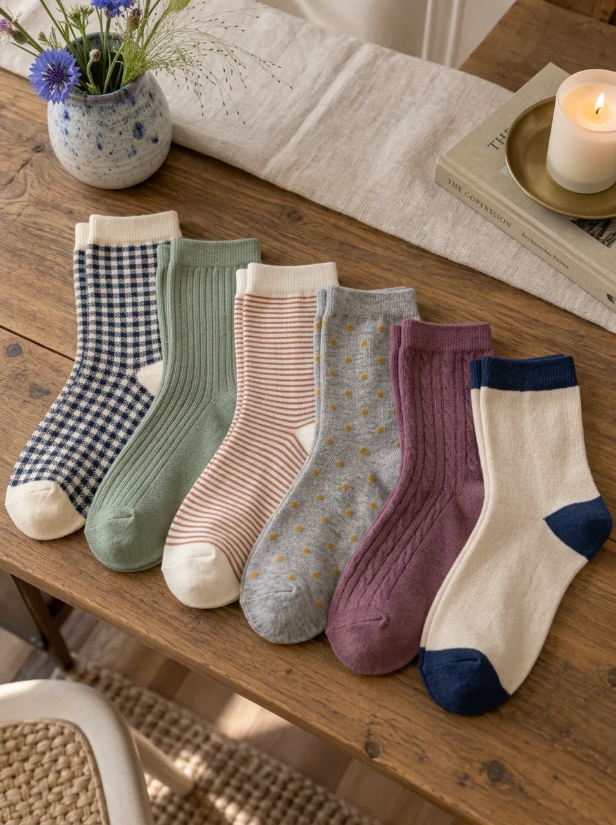 Women's Vintage Style Gingham Striped Polka Dot Printed Socks Set