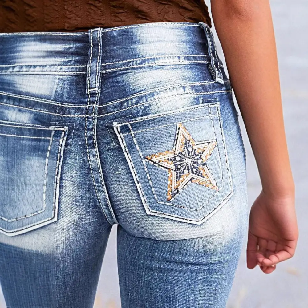 Women's Straight Leg Slim Fit Embroidered Jeans