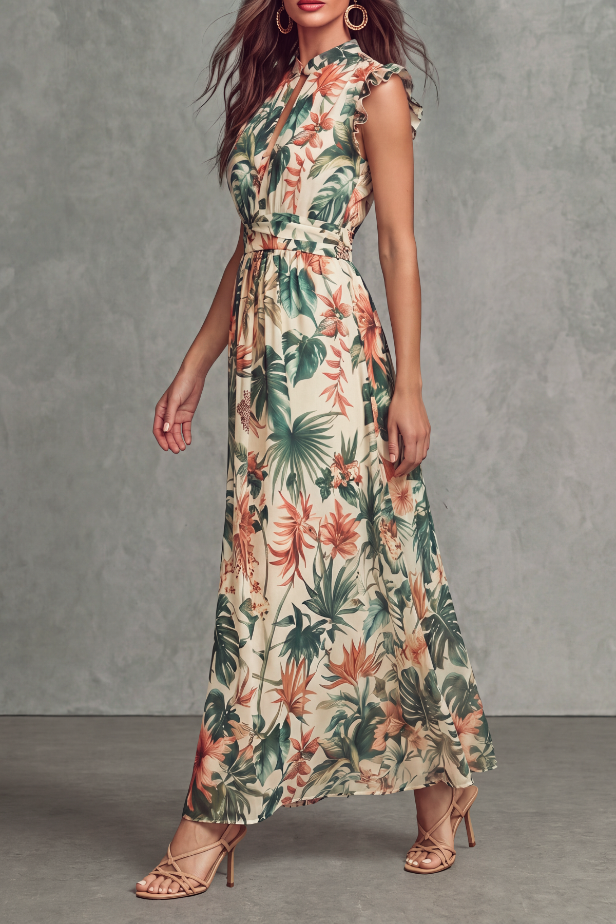 Classic Plunge Neck Floral Maxi Dress