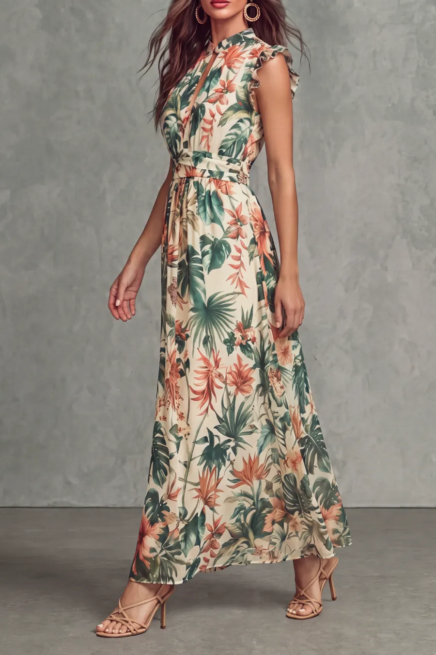 Classic Plunge Neck Floral Maxi Dress