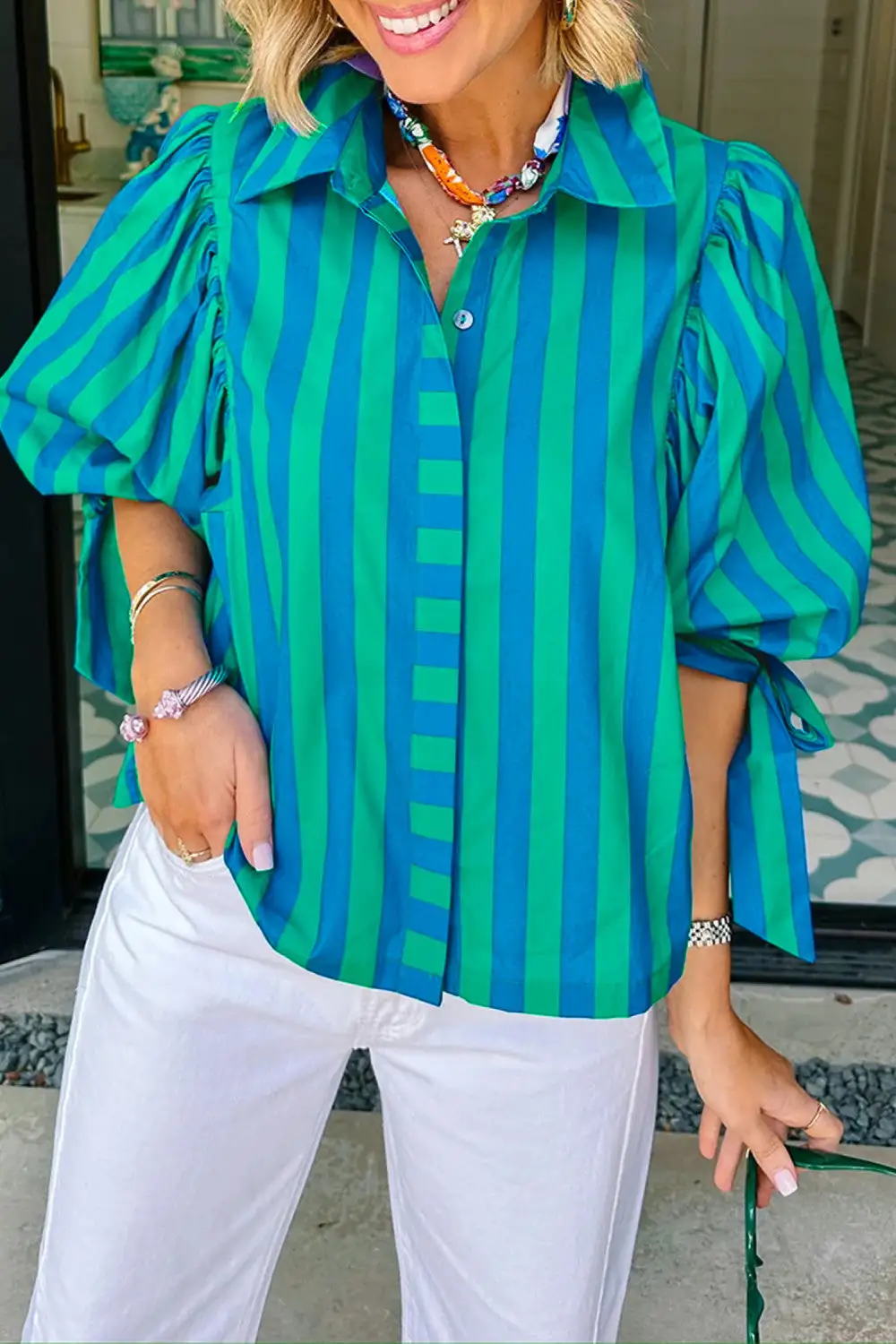 Striped Puff Sleeve Buttoned Blouse