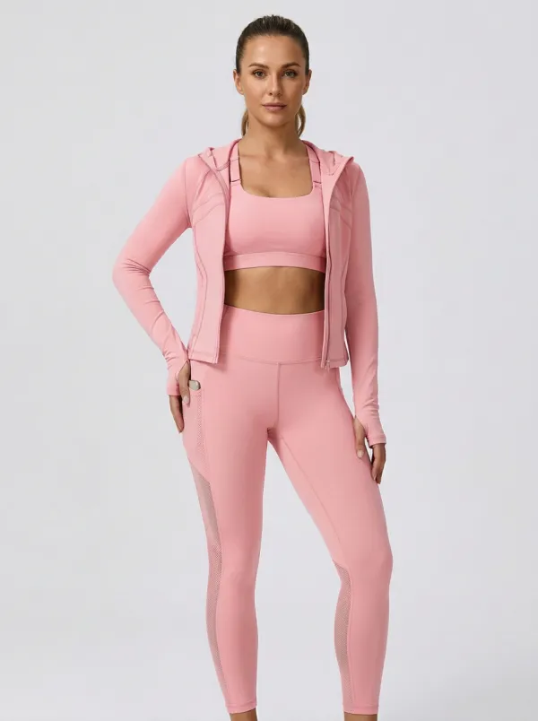 Athletic Mesh Detail Silhouette Women's Three Piece Activewear Set