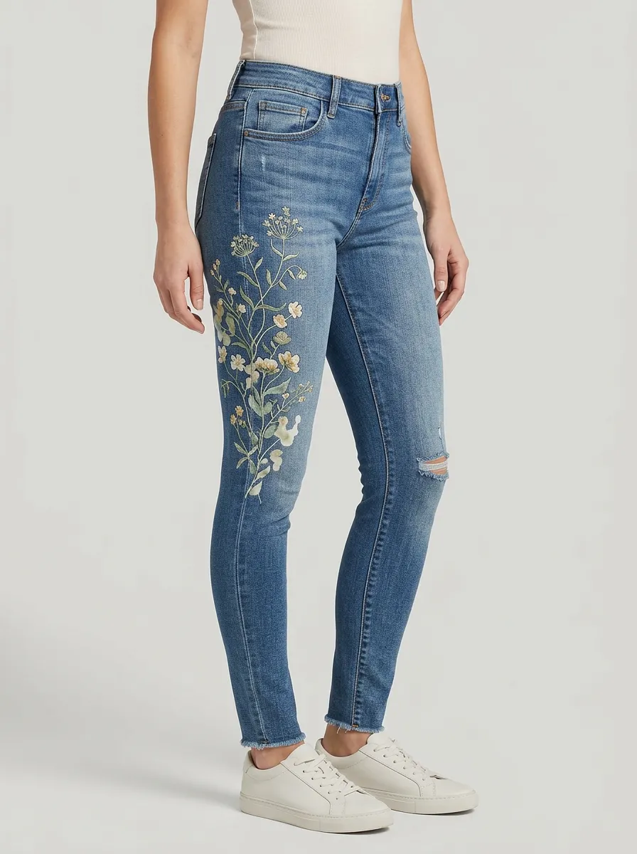 Women's Floral Wildflower Embroidered Printed Slim Jeans