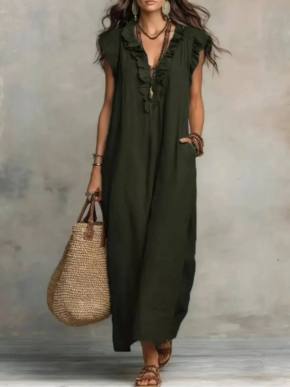 Ruffled V-Neck Maxi Dress