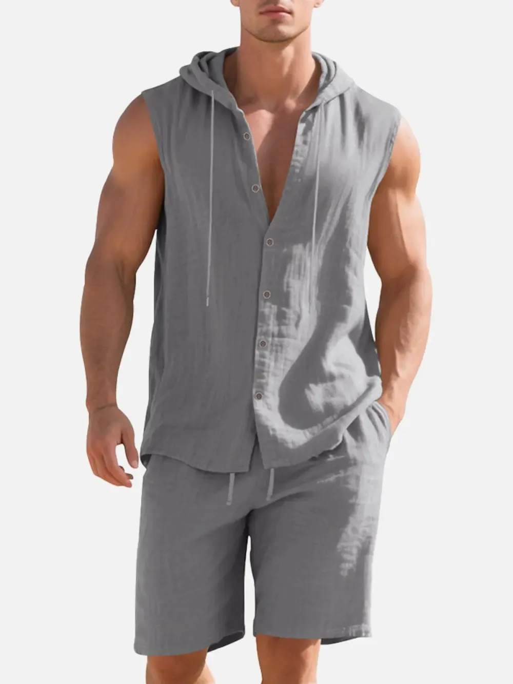 Linen Hooded Sleeveless Matching Set