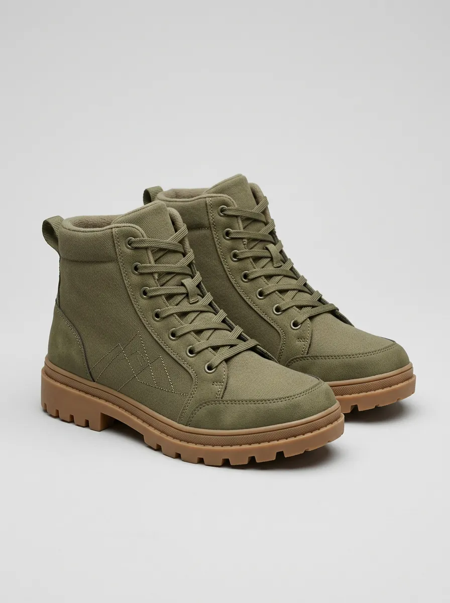 Mountain-Motif Stitched Canvas Hiking Boots