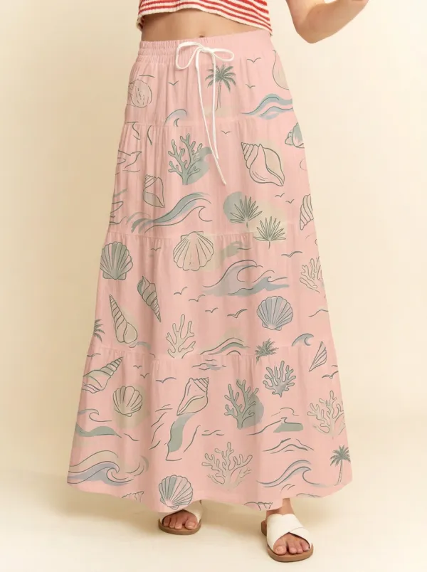 Women's Coastal Seashell Coral Palm Graphic Maxi Skirt