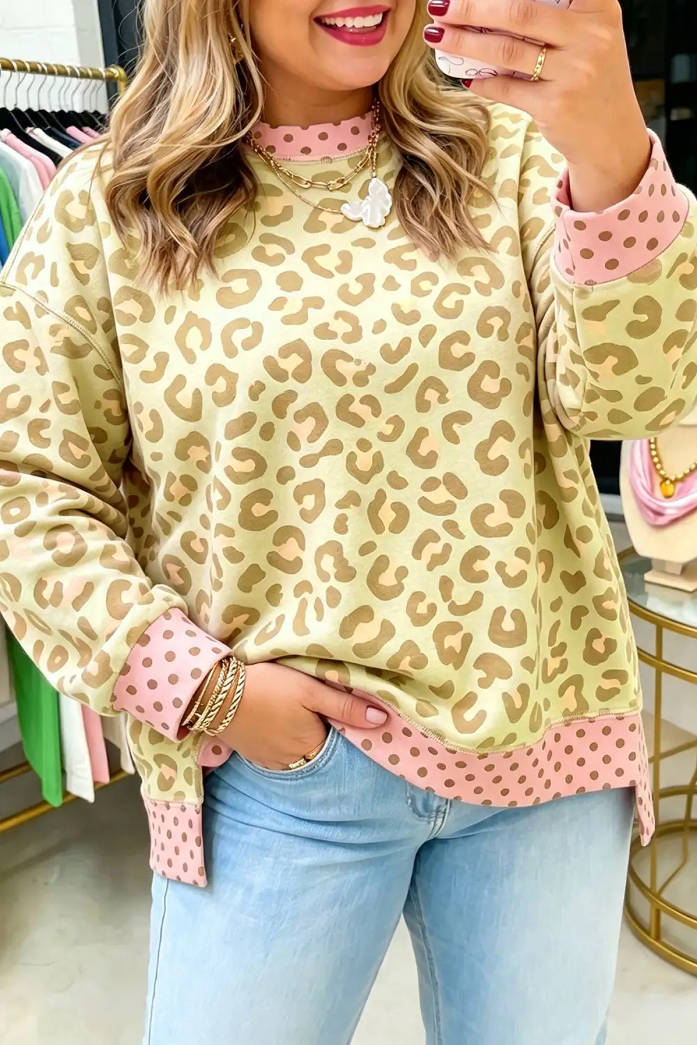 Polka Dot Contrast Trim Relaxed Stretch Fabric Long Sleeve Top