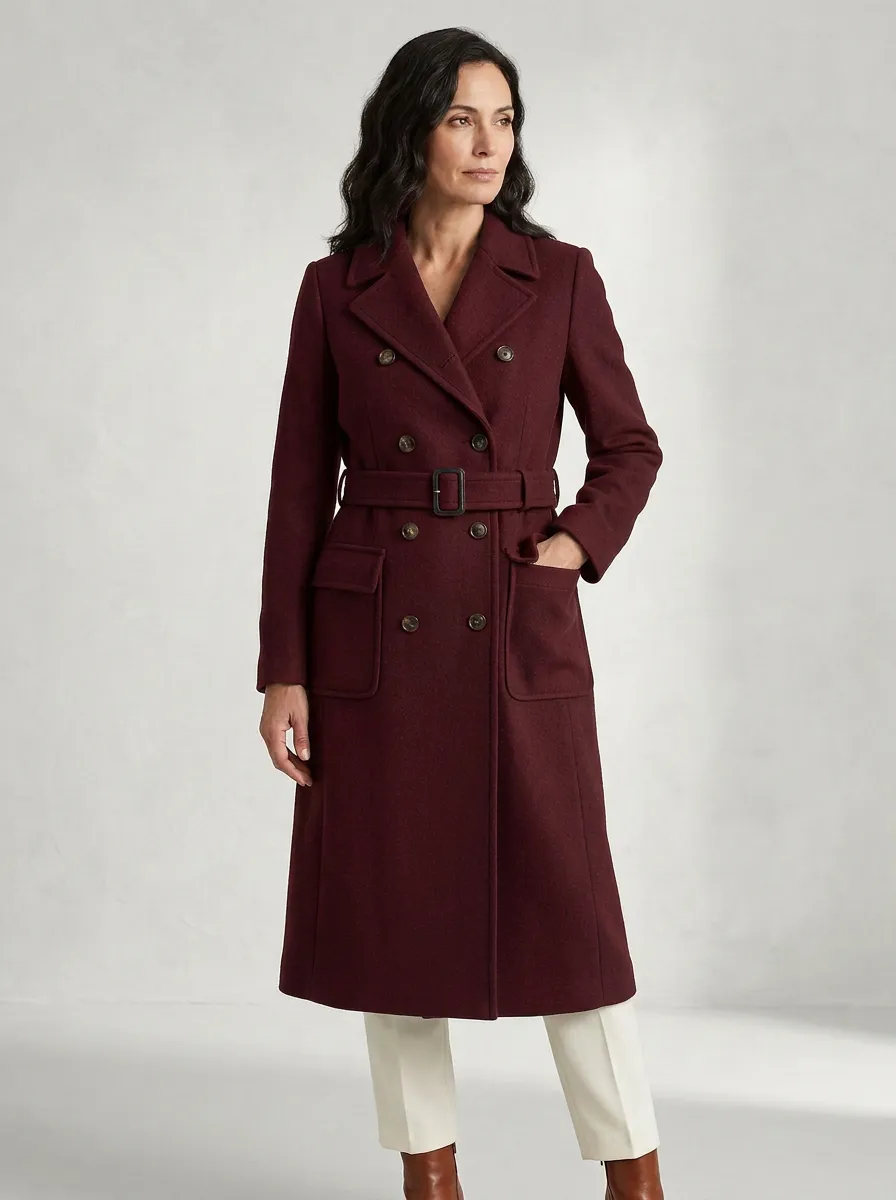 Women's Navy Blue Double-Breasted Belted Wool-Blend Trench Coat