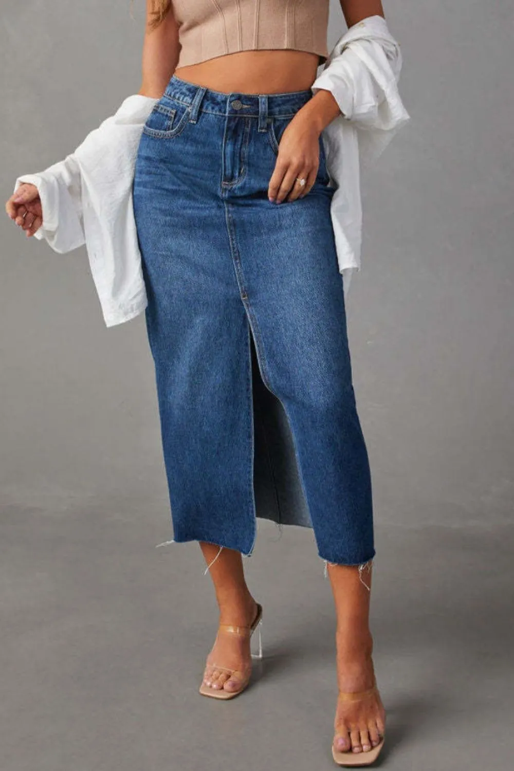 Gentle Button Front Denim Detail Skirt