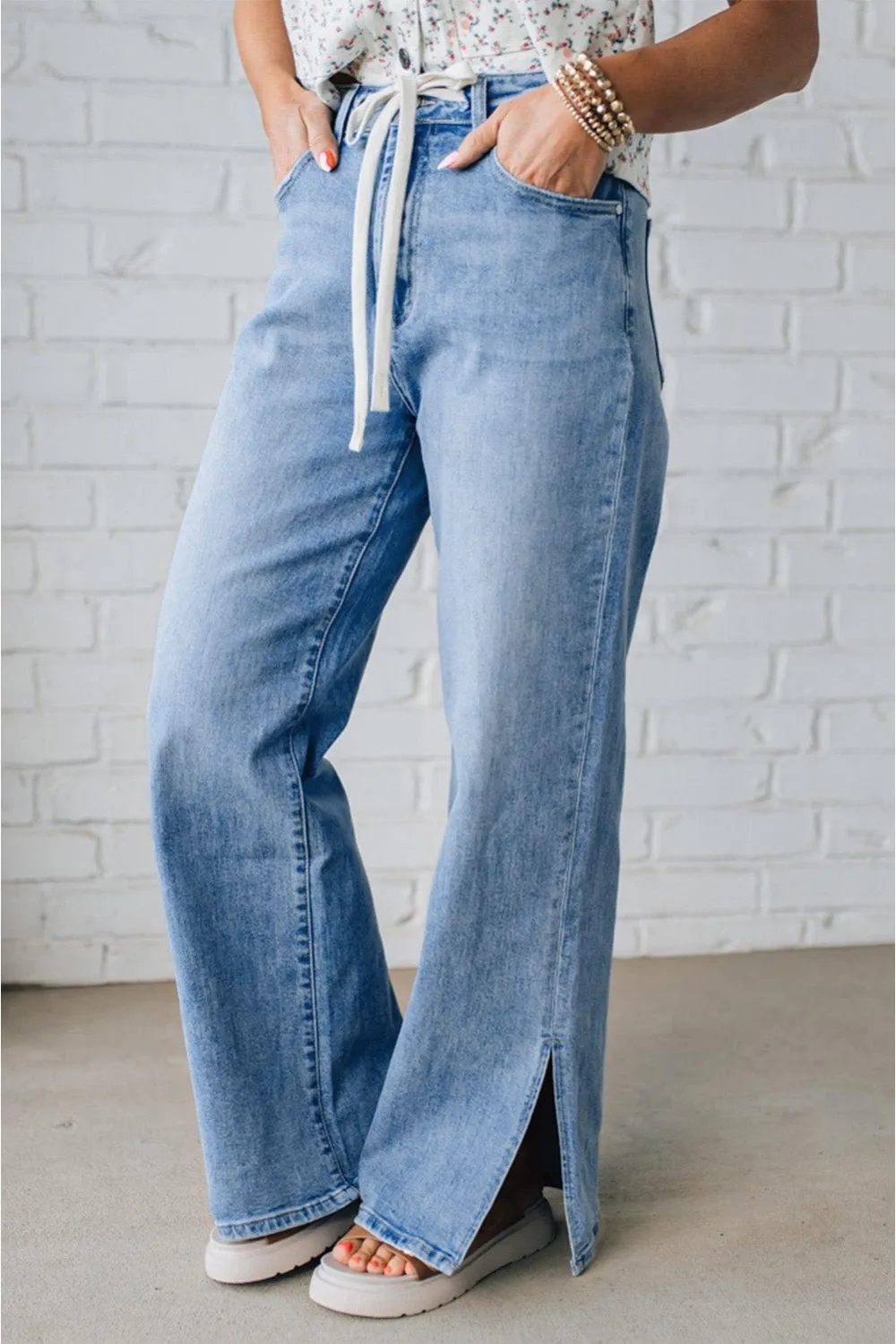 High Waist Drawstring Side Slit Casual Jeans