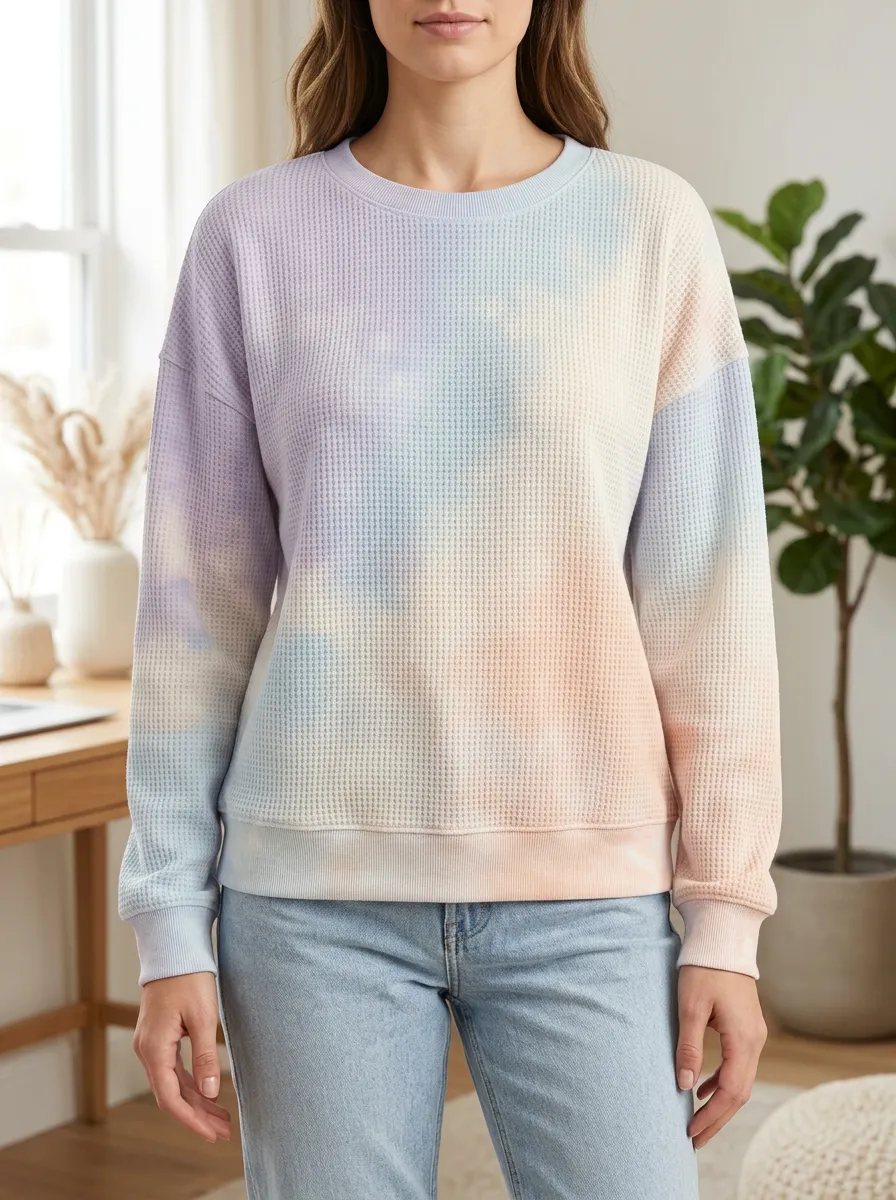 Women's Pastel Tie Dye Layering Waffle Knit Crewneck Sweatshirt
