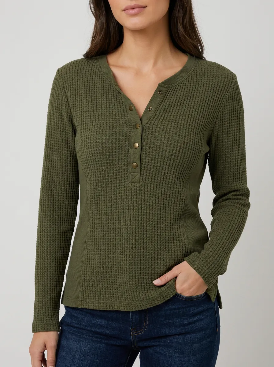 Relaxed Everyday Waffle Knit Button Henley Long Sleeve Top
