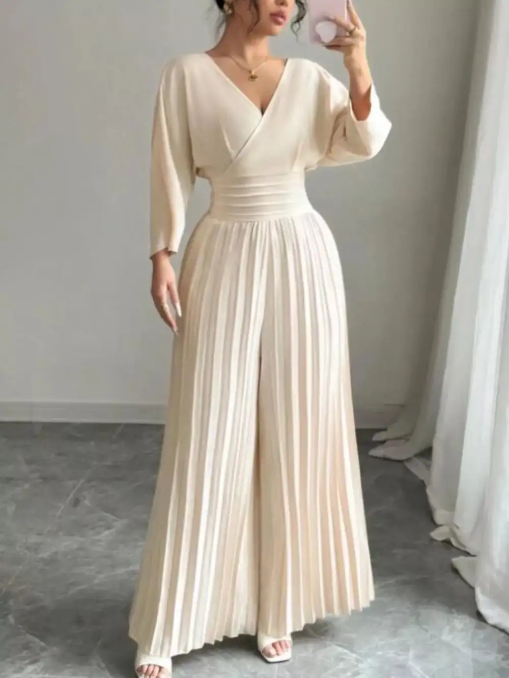 Surplice Pleated Wide Leg Jumpsuit