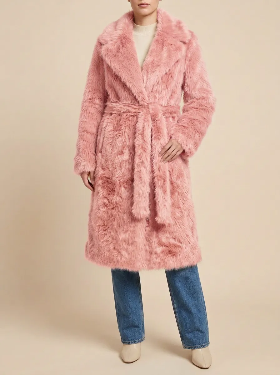Open Front Faux Fur Belted Coat