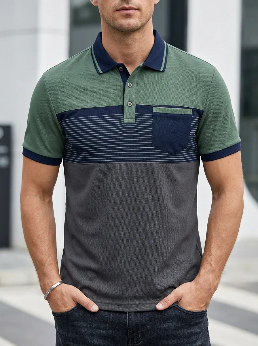 Men's Casual Colorblock Striped Pocket Polo Shirt