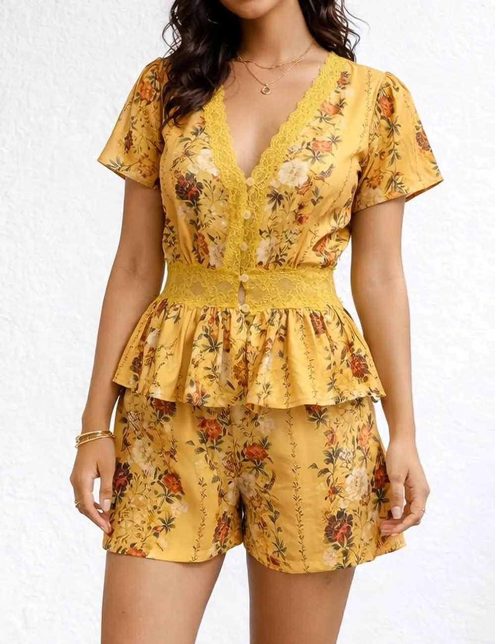 Boho Lace Trim V Neck Top and Shorts Matching Set