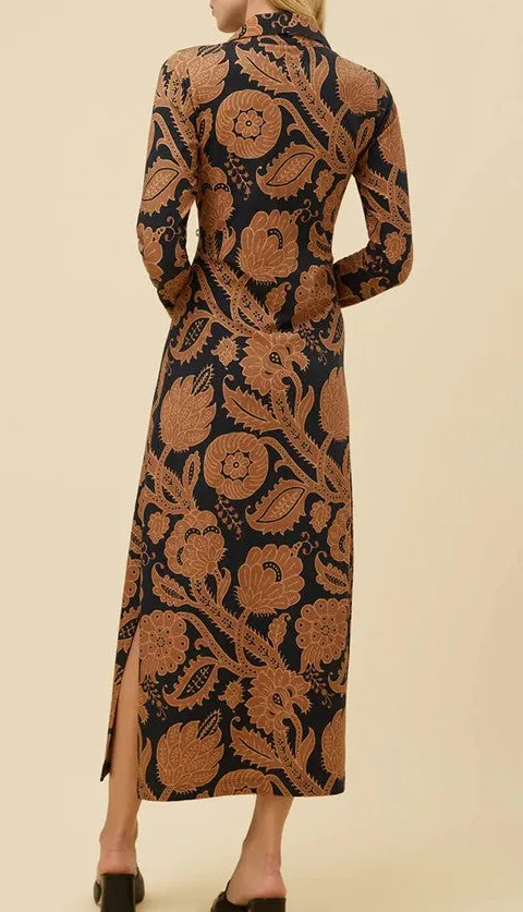 Orange Botanical Print Belted Midi Dress