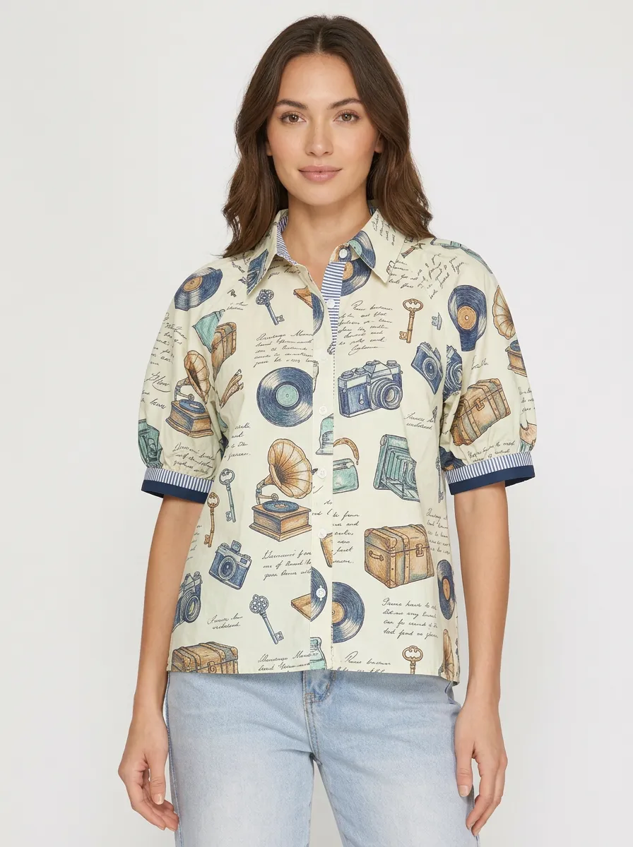 Women's Vintage Camera Phonograph Graphic Button-Up Shirt