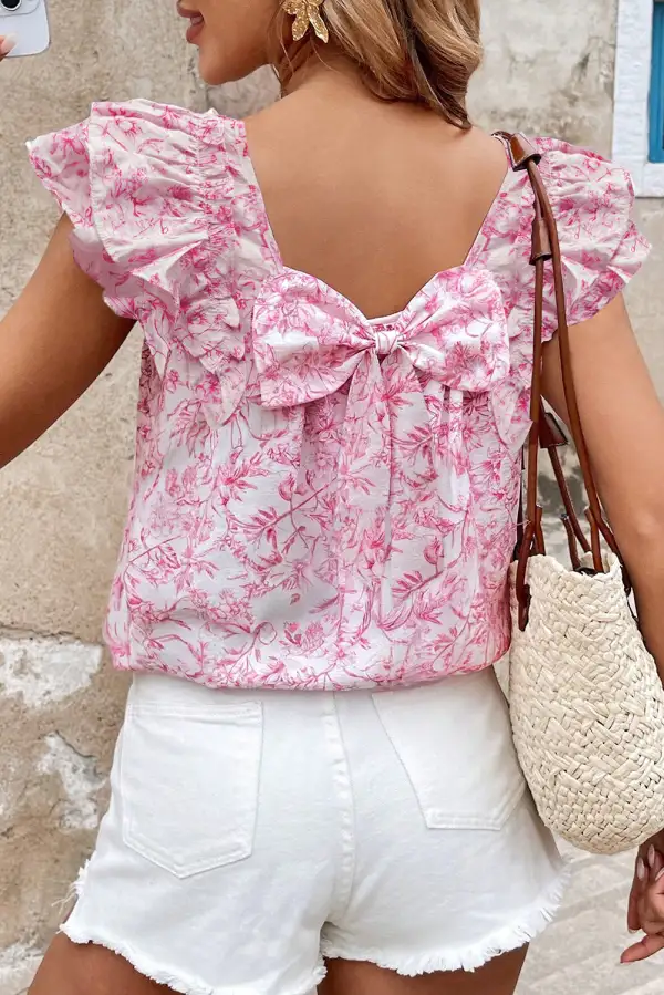 Pink Floral Ruffled Short Sleeve Bow Back Square Neck Blouse