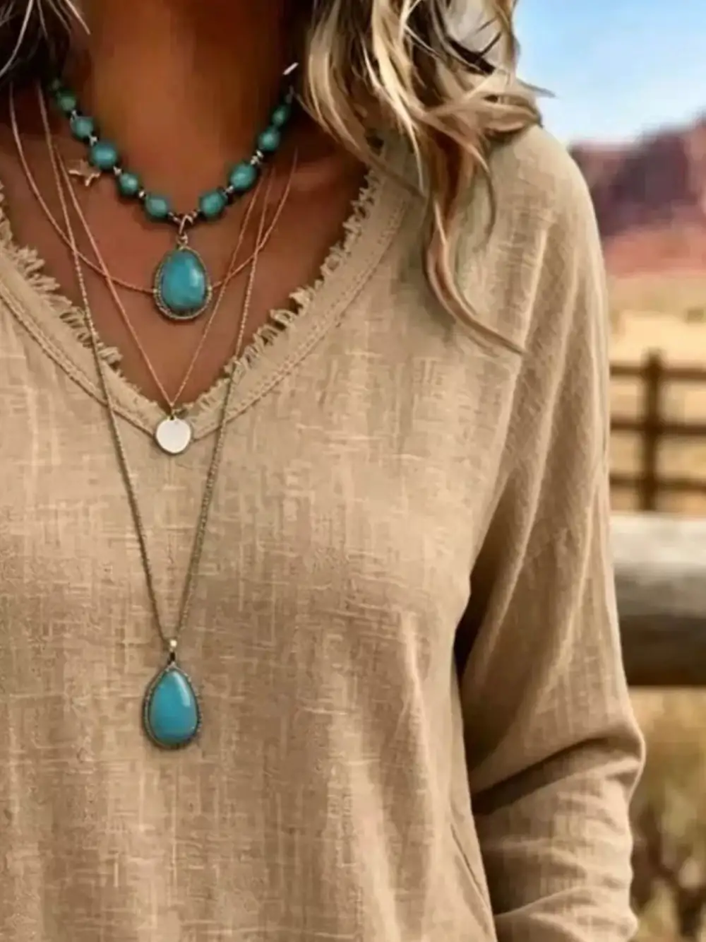 Long Sleeve V-Neck Frayed Hem Blouse