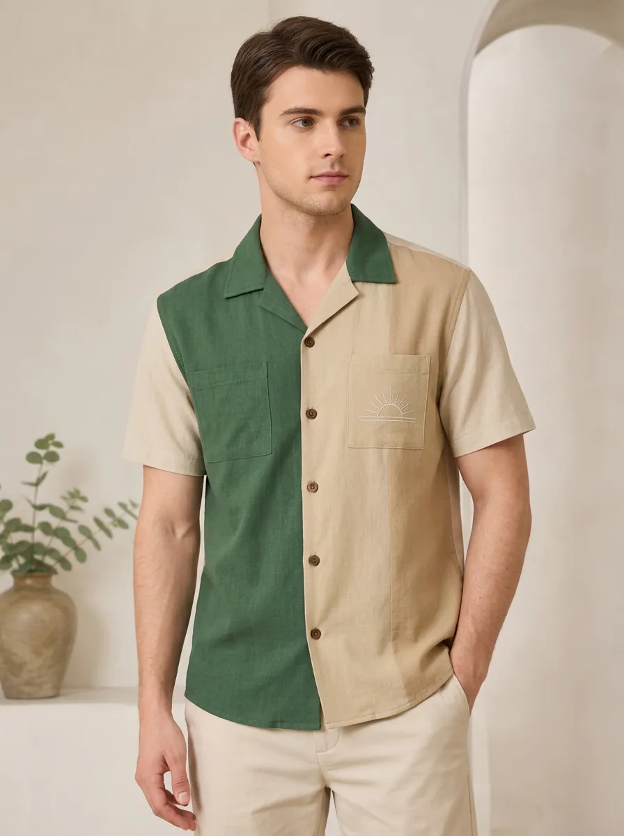 Men's Minimalist Sun Embroidered Colorblock Linen Shirt