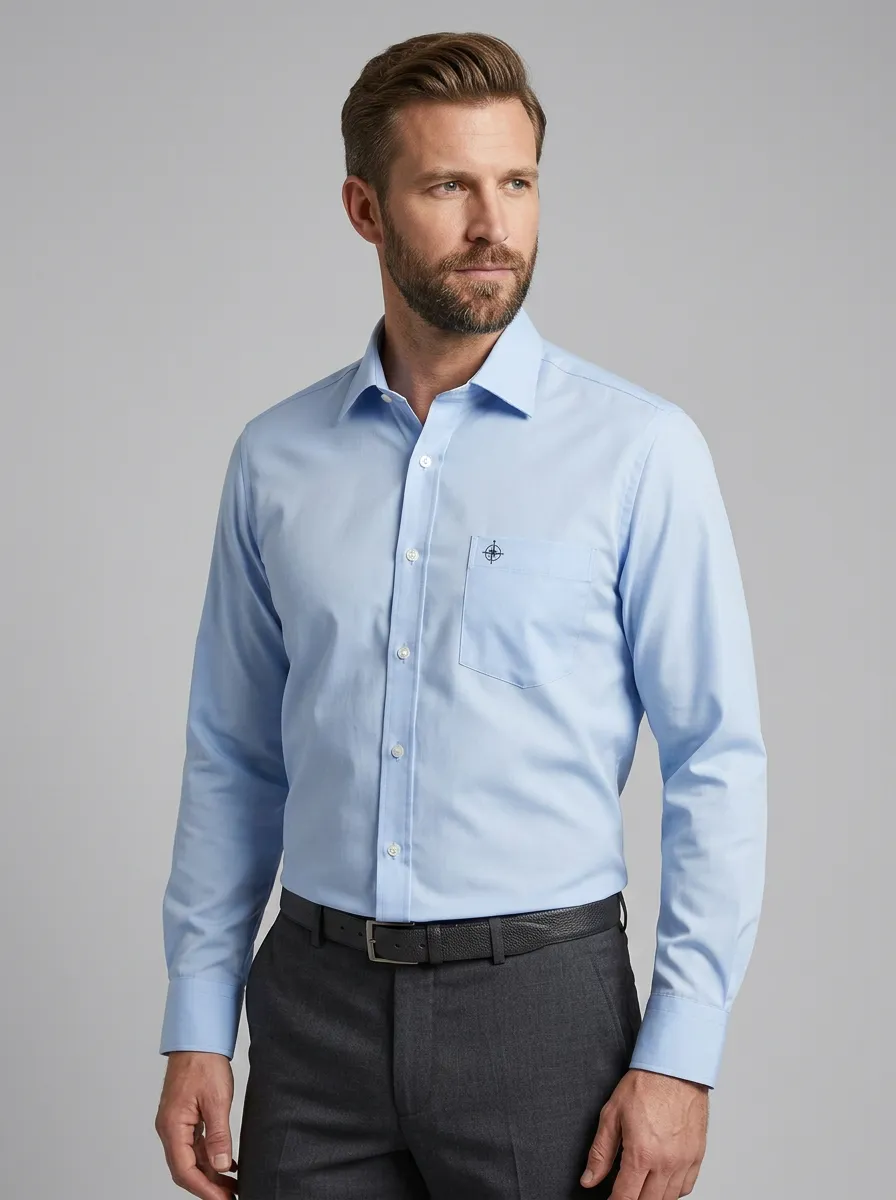 Men's Business Casual Compass Logo Embroidered Non-Iron Cotton Shirt