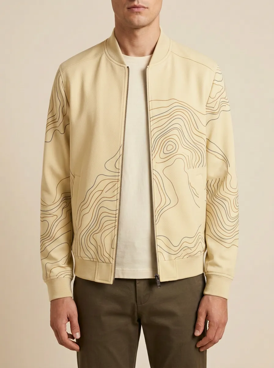 Topographic Print Welt Pockets Bomber Jacket