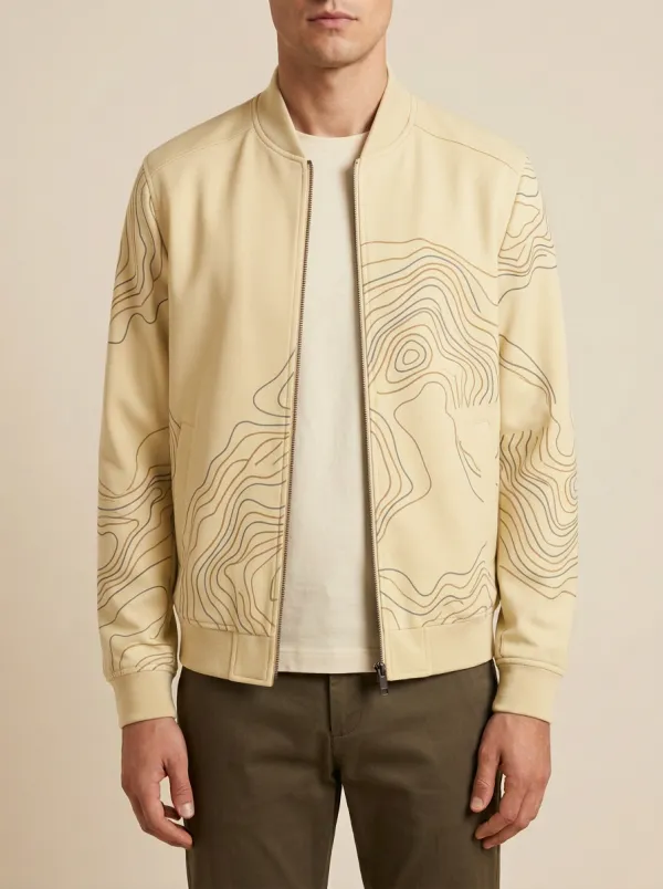 Topographic Print Welt Pockets Bomber Jacket