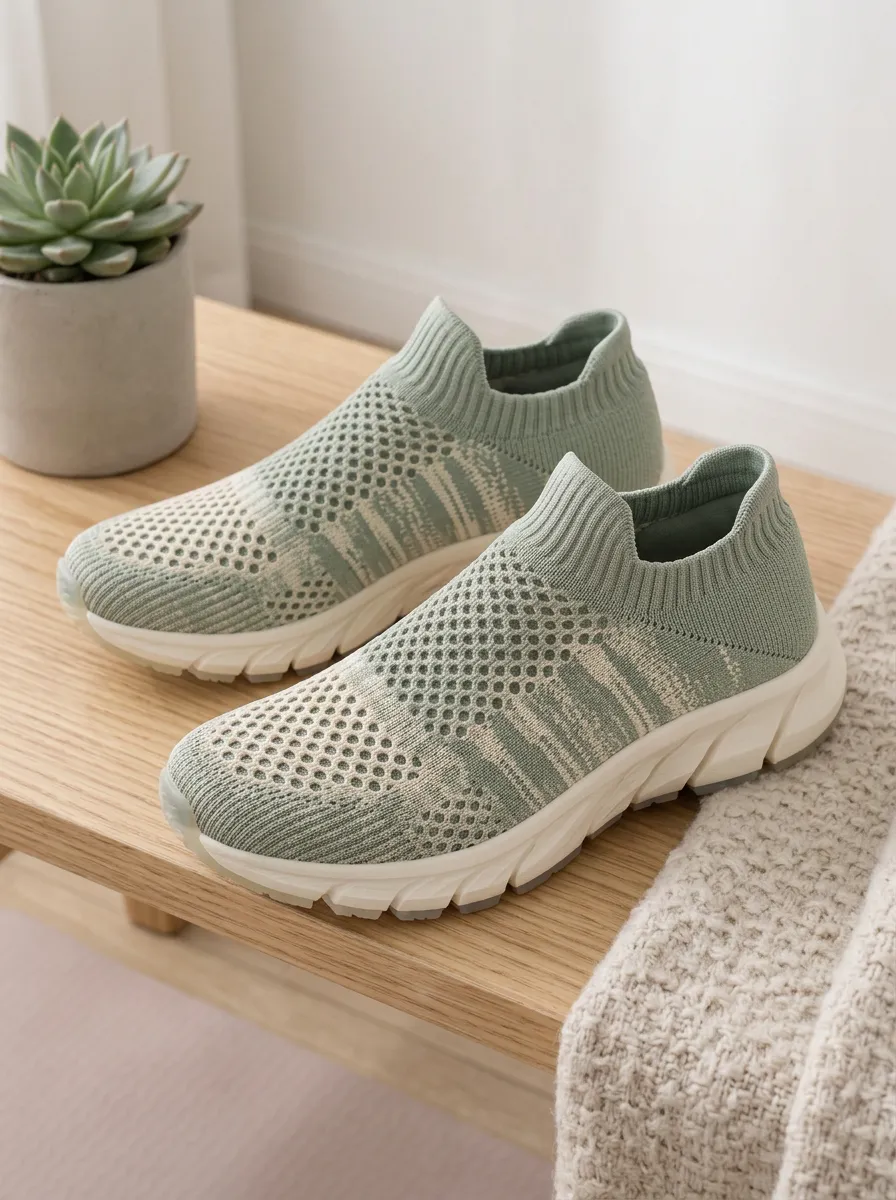 Women's Sage Green Knit Mesh Slip-on Printed Shoes
